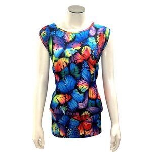 CCC Colorful Butterfly Print Top Sleeveless Stretch Blouse Vibrant Graphic Shirt
